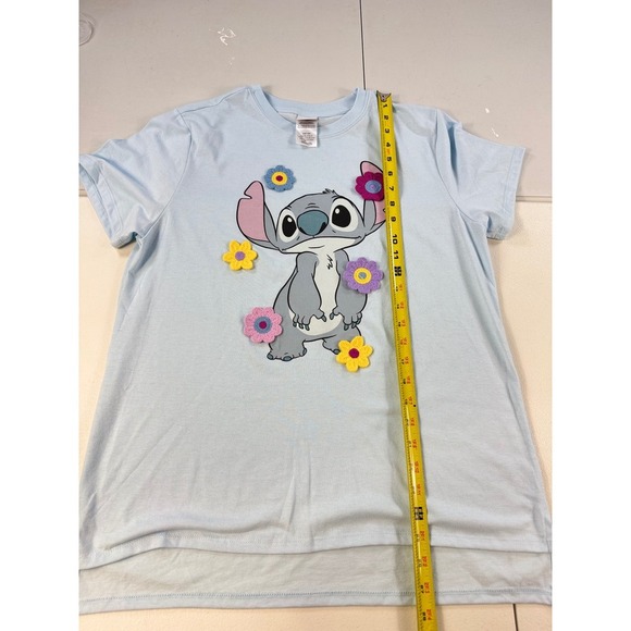 Disney Stitch Flower T-Shirt Womens Blue Graphic Crew Neck Short Sleeve - Picture 4 of 10